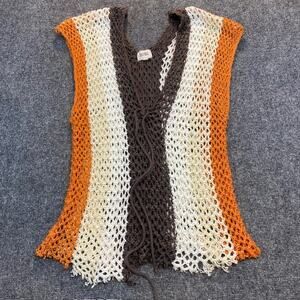 Bibi Womens XL Multicolored Crotchet Open Knit Vest Stiped Boho Chic Bohemian